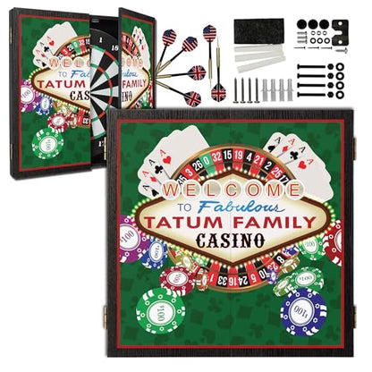 Personalized Dart Board Cabinet Set with 6 Steel Tip Darts, Paper Dartboard, Chalk & Eraser (21.5 x 21.5 x 2.75) - Man Cave Dart Boards for Adults - style: Casino