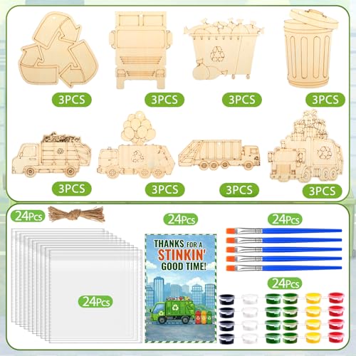 Saypacck 24 Pcs Garbage Truck Party Favors Wooden Painting Craft Kits Birthday Party Supplies with Organza Bag for Goodie Bags Fillers Adult Thank You Gifts - style: Garbage Truck