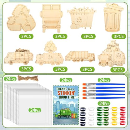 Saypacck 24 Pcs Garbage Truck Party Favors Wooden Painting Craft Kits Birthday Party Supplies with Organza Bag for Goodie Bags Fillers Adult Thank You Gifts - style: Garbage Truck