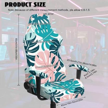 Monstera Print Gaming Chair Covers Slipcovers Skin Friendly Breathable Elastic Computer Desk Chair Cover with Armrest Covers for Ergonomic Game Rotating Office Chairs - color: Green and Pink - Monstera
