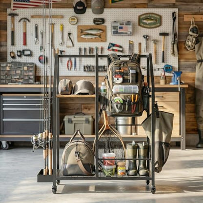 Golf Storage Organizer for Garage,Golf Bag Storage Rack | Smooth Rolling Wheels, Multi Storage Zones, Holds Golf Bags & Clubs, Heavy-Duty Frame, Space-Saving Garage Organizer