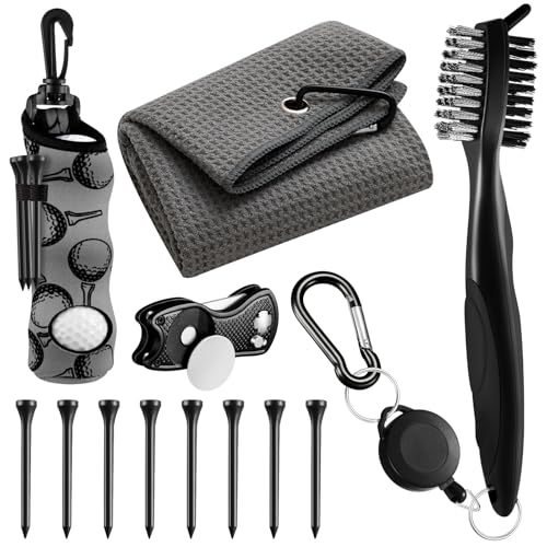 Liliful 12 Pcs Golf Accessories Kit, Include Golf Ball Bag with Hook Towel Tees Magnetic Ball Marker Divot Tool Cleaner Brush for Women Man Gifts - color: Gray, style: Plain