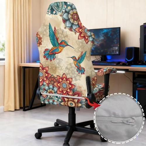 Hummingbird Print Gaming Chair Seat Covers Bohemian Flower Print Game Chair Cover with Armrest Covers Skin Friendly Soft Elastic - color: Brown - Hummingbird Bohemian Flower