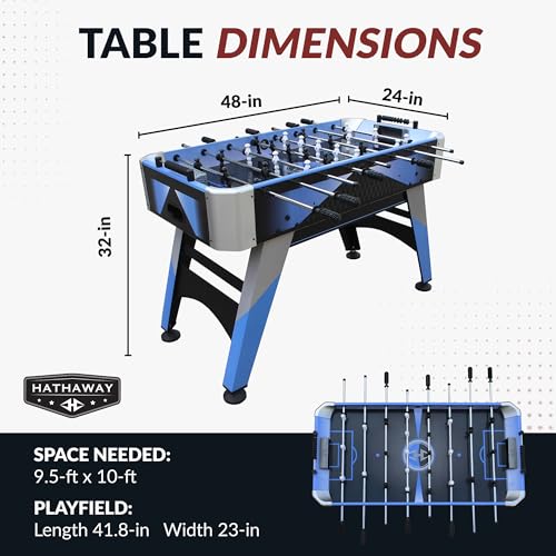 Hathaway Blueridge Foosball Table Adult Size - 48-in Competition Table Soccer Set with Built-in Scorers - Includes Two 31-mm Foosball Balls - Blue/Silver/Black Football Table with Accessories