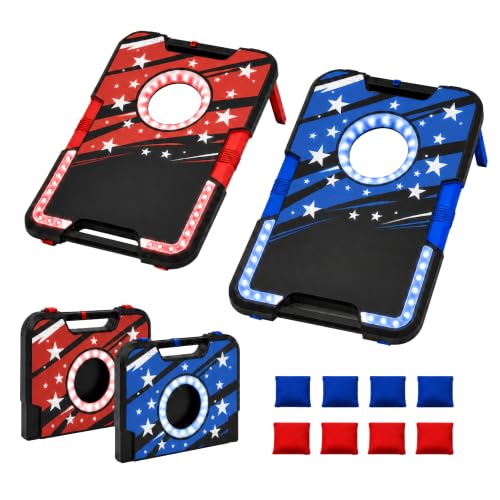 Foldable Cornhole Board Set with LED Lights, Sound Effects & Built-in Score Slider, Outdoor Bean Bag Toss Game for Kids Adults, Portable Backyard Camping Party Game Set with 2 Boards 8 Bags