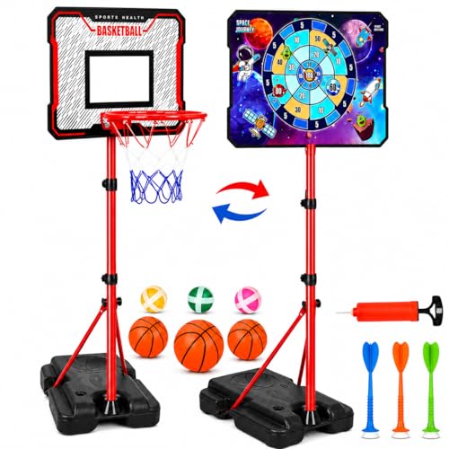 2-in-1 Kids Basketball Hoop with Flip Backboard & Space Target Game, Height Adjustable 3.5-6.2 FT for Ages 3-8, Indoor & Outdoor Play Set with Pump, Mini Basketballs, Sticky Target Balls & Soft Darts