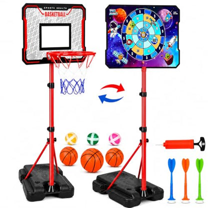2-in-1 Kids Basketball Hoop with Flip Backboard & Space Target Game, Height Adjustable 3.5-6.2 FT for Ages 3-8, Indoor & Outdoor Play Set with Pump, Mini Basketballs, Sticky Target Balls & Soft Darts