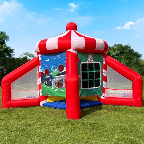 OZIS 5-in-1 Inflatable Carnival Game with Blower, Portable Basketball Hoop, Axe Throw, Soccer Target, Ring Toss, Tic-Tac-Toe for Backyard and Party, White & Red