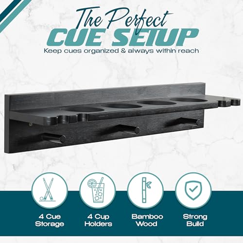 Pool Stick Holder Wall Mount - 4 Pool Cue Rack with Accessories Shelf and 4 Drink Holders - Bamboo Billiard Cue Rack for Game Room or Bar - Black - 5.1 x 23.2 x 4.3 Inches