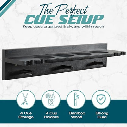 Pool Stick Holder Wall Mount - 4 Pool Cue Rack with Accessories Shelf and 4 Drink Holders - Bamboo Billiard Cue Rack for Game Room or Bar - Black - 5.1 x 23.2 x 4.3 Inches