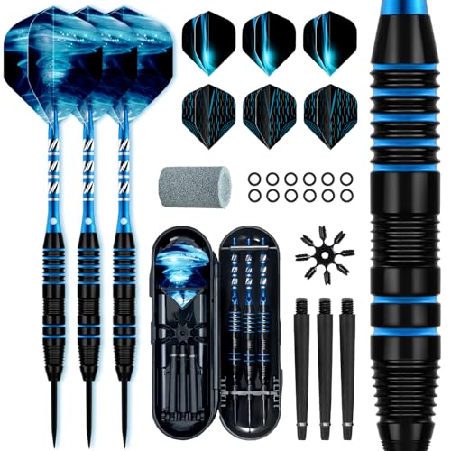 XAWU 3 Pack Steel Tip Darts Set Professional Darts 22g, 24g with 9 Dart Flights 3 Aluminum Shafts 3 Spare Shafts 1 Dart Sharpener 12 Rubber O-Rings Flight Protector and Darts Case - color: 22g Blue & Black