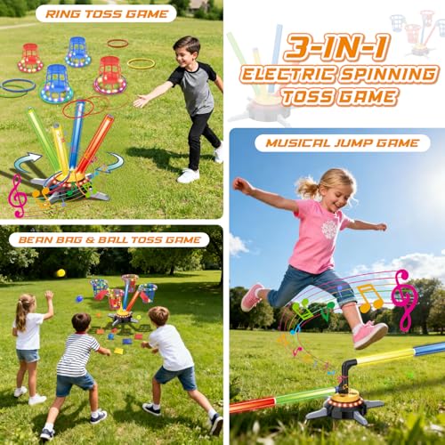 VATOS 3 in 1 Bean Bag & Ring Toss Game, Musical Jumping for Kids, Electric Spinning Base with Remote, Lights, 12 Sandbags, 12 Tossing Rings, 12 Balls, Indoor Outdoor Backyard Sport Toy for Boy Girl 3+