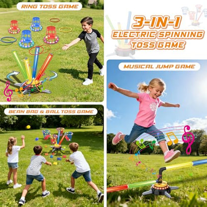 VATOS 3 in 1 Bean Bag & Ring Toss Game, Musical Jumping for Kids, Electric Spinning Base with Remote, Lights, 12 Sandbags, 12 Tossing Rings, 12 Balls, Indoor Outdoor Backyard Sport Toy for Boy Girl 3+