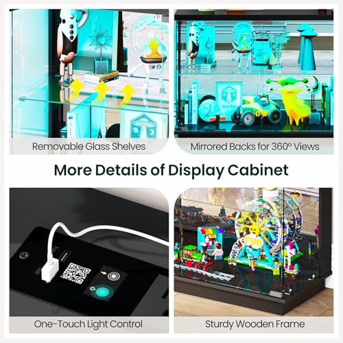 Lvifur 59" W Large Display Case - with Glass Door,Glass Display Cabinet with RGB Lights for Collectibles,Lighted Cuiro Cabinet with Motion Sensor Light,Charging Station,China Cabinets,Black - color: Black