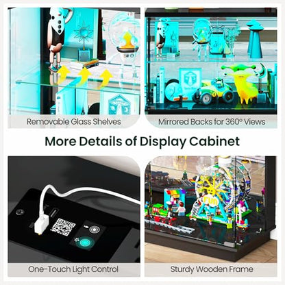 Lvifur 59" W Large Display Case - with Glass Door,Glass Display Cabinet with RGB Lights for Collectibles,Lighted Cuiro Cabinet with Motion Sensor Light,Charging Station,China Cabinets,Black - color: Black