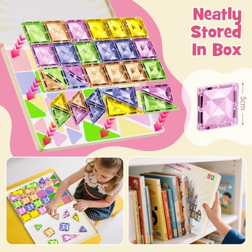 Magnetic Tiles for Kids Ages 4-8, Magnetic Blocks Travel Set with Diamond Surface & Metal Storage Box, 60PCS STEM Learning Toys, Educational Building Gifts for 3-8 Year Olds - style: Medium Magnetic Tiles - 60PCS