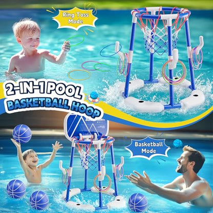 Pool Basketball Hoop for Kids Ages 4-8 & 8-12, 2-in-1 Floating Game Set with Backboard, Water-Fillable Base, 4 Balls, Pump & 12 Rings, Pool Games Backyard Swimming Pool Toys for Family Fun (Blue) - color: Green
