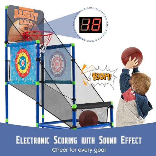 GLACER Kids Basketball Arcade Game, Indoor/Outdoor 2-in-1 PVC Hoop Set with Electronic Scoreboard & Sound, 8 Sticky Balls, 2 Basketballs, ASTM-Certified Basketball Game Toy for Ages 3+