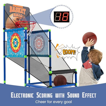GLACER Kids Basketball Arcade Game, Indoor/Outdoor 2-in-1 PVC Hoop Set with Electronic Scoreboard & Sound, 8 Sticky Balls, 2 Basketballs, ASTM-Certified Basketball Game Toy for Ages 3+