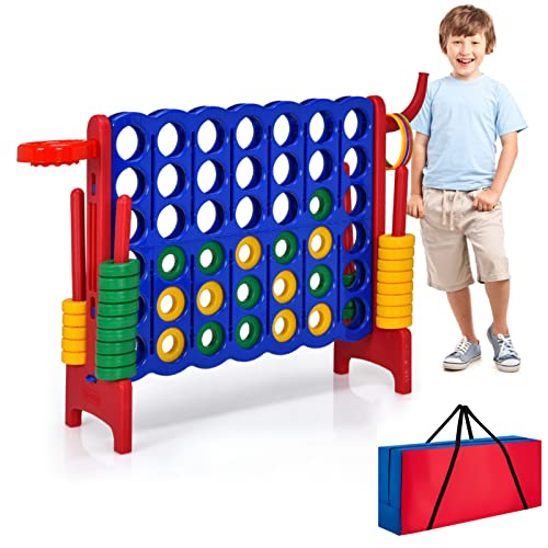HONEY JOY Jumbo 4-to-Score Giant Game Set, 3-in-1 Indoor Outdoor Family Yard Game Set w/Basketball Hoop & Ring Toss, 42 Jumbo Rings, Quick-Release Slider, Giant 4-in-A-Row for Kids & Adults - color: Red, style: With Carry Bag