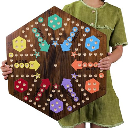 Extra Large 23.6 Inches Wahoo Marble Board Game 4 and 6 Players 2 Sided Painted Thicken Wood Board Perfect Game for Family Friends Party (Brush Paint Burn) - color: Flame, style: 23.6 Inch