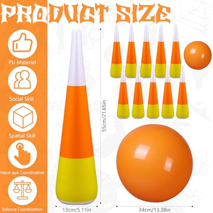 11 Pcs Candy Corn Inflatable Bowling Set Including 13.4 Inches Ball and 10 Pcs 21.6 Inches Bowling Pins for Adults Halloween Fall Carnival Festival Party Game Supplies