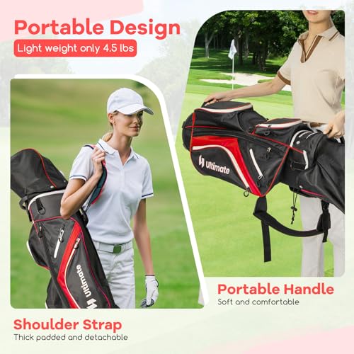 ULTIMATE Golf Cart Bag with 14-Way Top Dividers, Golf Club Bag w/ 9 Pockets incl. Cooler Bag, Rain Hood/Dust Cover, Detachable Shoulder Strap & Carry Handles, Lightweight for Men & Women - color: Red