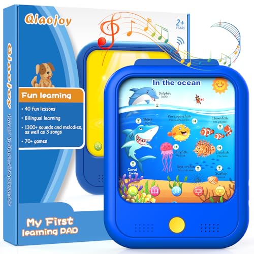 Qiaojoy Kids Learning Tablet Educational Learning Pad for Toddlers 2-5 to Learn Alphabets, Numbers, Foods, Time, Music, Talking Cards for Toddlers，Learning Educational Toy Kids Gifts - style: Upgrade Version（20 lesson pages blue）