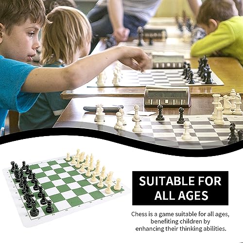 Portable Chess & Checkers Set, 42cm Tournament Chess Mat with Chesses & Storage Bag, PU Leather Tournament Roll Up Chessboard Travel Sets(Color:Green)