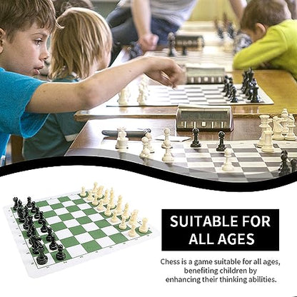 Portable Chess & Checkers Set, 42cm Tournament Chess Mat with Chesses & Storage Bag, PU Leather Tournament Roll Up Chessboard Travel Sets(Color:Green)