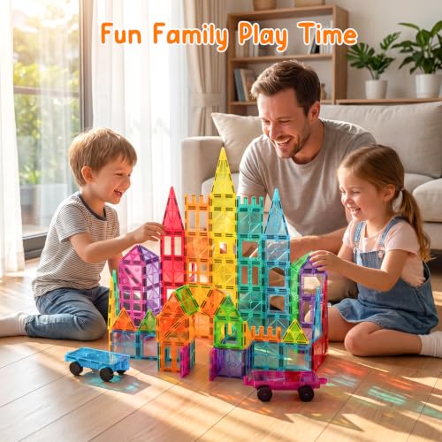 Bmag 100PCS Magnet Building Blocks with 2 Cars for Kids, Magnetic Tiles Stacking Building Set for Boys Girls, STEM Preschool Educational Learning Construction Toy - size: 100