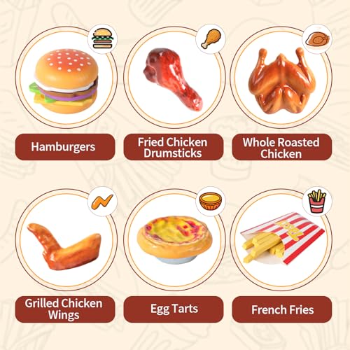 Wooden Play Food for Kids Kitchen Set with 10 Stacking Challenge Cards, 40+ Pcs Fake Fast Food Hamburger Toy with Roast Chicken & Play Money, Pretend Play Toys Birthday Gift for Toddlers Age 2-6