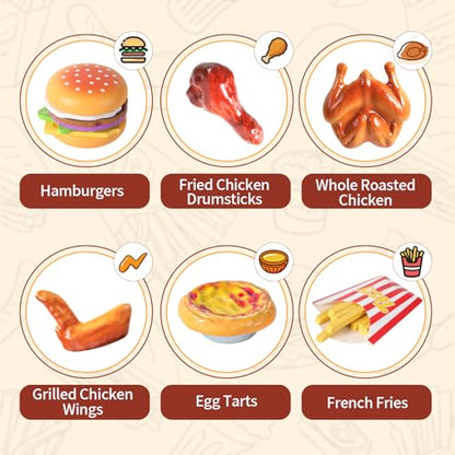 Wooden Play Food for Kids Kitchen Set with 10 Stacking Challenge Cards, 40+ Pcs Fake Fast Food Hamburger Toy with Roast Chicken & Play Money, Pretend Play Toys Birthday Gift for Toddlers Age 2-6