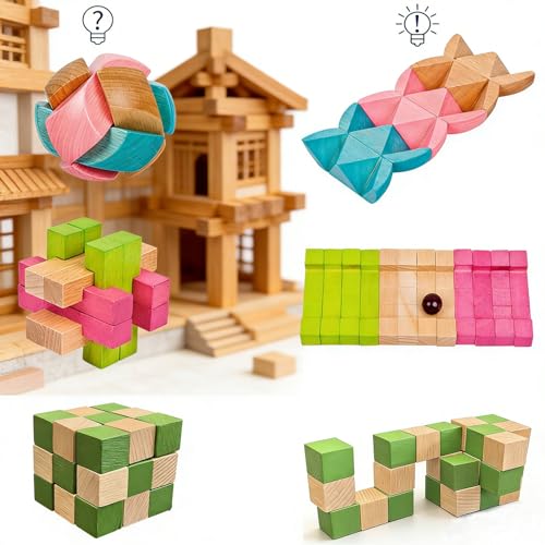 Wooden Brain Teaser Puzzles for Adults, 6PCS Coffee Table Puzzle Games with Display Stands, Challenging 3D Wood Puzzles for Teens to Seniors, Birthday Christmas Party Gifts