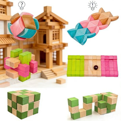 Wooden Brain Teaser Puzzles for Adults, 6PCS Coffee Table Puzzle Games with Display Stands, Challenging 3D Wood Puzzles for Teens to Seniors, Birthday Christmas Party Gifts