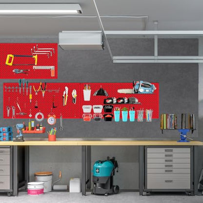 Pegboard Rack Garage Storage Steel Horizontal PegBoard Pack,Steel Pegboard Heavy Duty- 3 Pack 16-Inch X 36-Inch Metal Peg Board Tool Organization Panels (Red) - color: Red