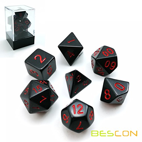 Bescon Polyhedral Dice Set Opaque Black with Red Numbers, Black RPG Dice Set of 7 d4 d6 d8 d10 d12 d20 d% Brick Box Pack - color: Opaque Black W/Red Numbers