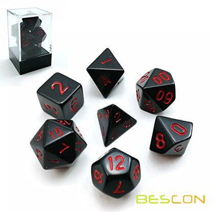 Bescon Polyhedral Dice Set Opaque Black with Red Numbers, Black RPG Dice Set of 7 d4 d6 d8 d10 d12 d20 d% Brick Box Pack - color: Opaque Black W/Red Numbers