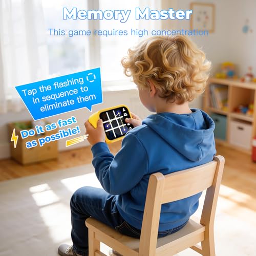Rechargeable Tic Tac Toe Game Box with 5 Fun Brain Memory Games, Electronic Touchscreen Handheld Game, Portable Digital Puzzle Board Travel Toy, Gifts Choice for Kids and Adults(Yellow)