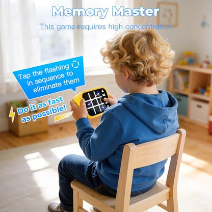 Rechargeable Tic Tac Toe Game Box with 5 Fun Brain Memory Games, Electronic Touchscreen Handheld Game, Portable Digital Puzzle Board Travel Toy, Gifts Choice for Kids and Adults(Yellow)