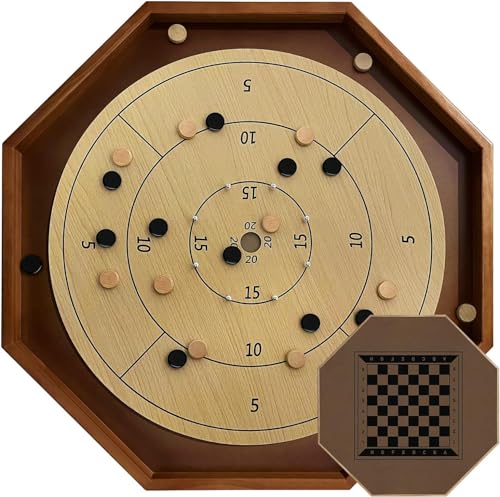27 Inch Tournament Crokinole Board Game, 2 in 1 Crokinole and Checkers with 22” Playing Surface, Metal Pegs, Wooden Octagon Canadian Tabletop Board Game Krokinole for Families and Friends - color: Light Yellow