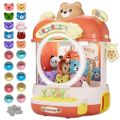 Burger Bear Claw Machine for Kids, Arcade Prize Grabber with 3-Joystick Coin-Style Controls, Lights and Music, Refillable Birthday Party Gift - color: Orange and Yellow