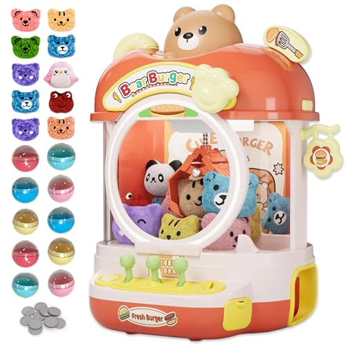 Burger Bear Claw Machine for Kids, Arcade Prize Grabber with 3-Joystick Coin-Style Controls, Lights and Music, Refillable Birthday Party Gift - color: Orange and Yellow