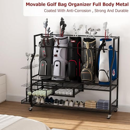 Golf Bag Storage Rack on Wheels, Mobile 5-Bag Organizer with Accessory Drawer for Golf Bag and Equipment Accessories Garage, Home, Basement