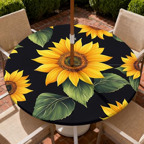 Round Outdoor Tablecloth with Umbrella Hole, Zippered Fitted Tablecloth with Elastic Edge, Waterproof Table Cloth Cover for Picnic Party Fits 32"-36" Round Table, Big Sunflower - color: Big Sunflower, size: 36" (Round)