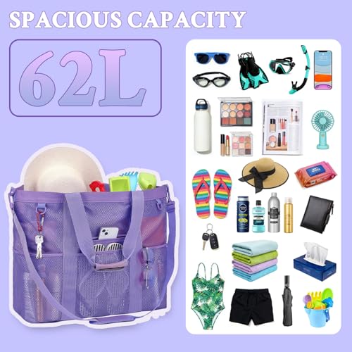 GYEUKHAM Mesh Beach Bag for Women, Sand-Resistant Pool Tote, 9 Pockets (1 Inner Zip), Foldable Family Travel Essentials - color: Extra Large - Purple