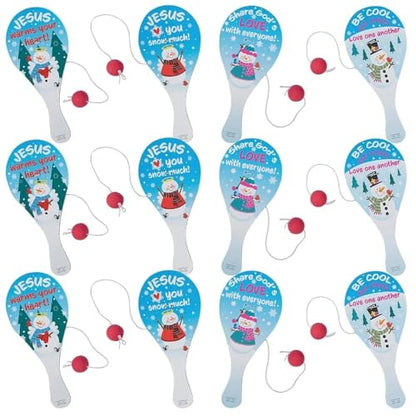 Fun Express 4" x 9" Religious Share God’s Love Snowman Wood Paddleball Games - 12 Pieces - style: Religious Snowman