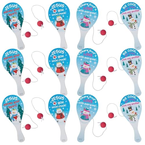 Fun Express 4" x 9" Religious Share God’s Love Snowman Wood Paddleball Games - 12 Pieces - style: Religious Snowman