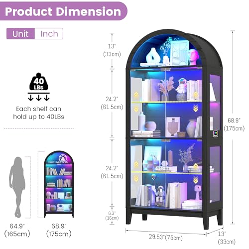 Gurexl 5-Tier Arched Glass Display Cabinet, Motion Sensor RGB LED Showcase with Music Sync Light & Adjustable Shelves, Tempered Glass Curio Cabinet for Action Figures Trophies Collectibles, Black - color: Black-80008a