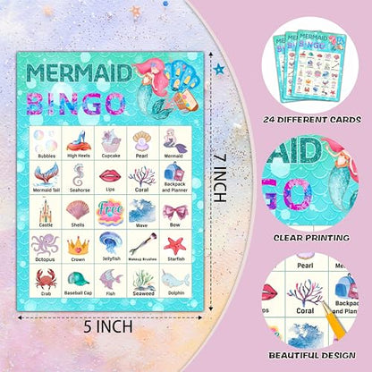 Mermaid Bingo Cards, Mermaid Bingo Games for 24 Players, Under The Sea Party Games for Family Friends Large Group Activities, Ocean Themed Birthday Party Supplies Decorations(31) - style: Blue Mermaid